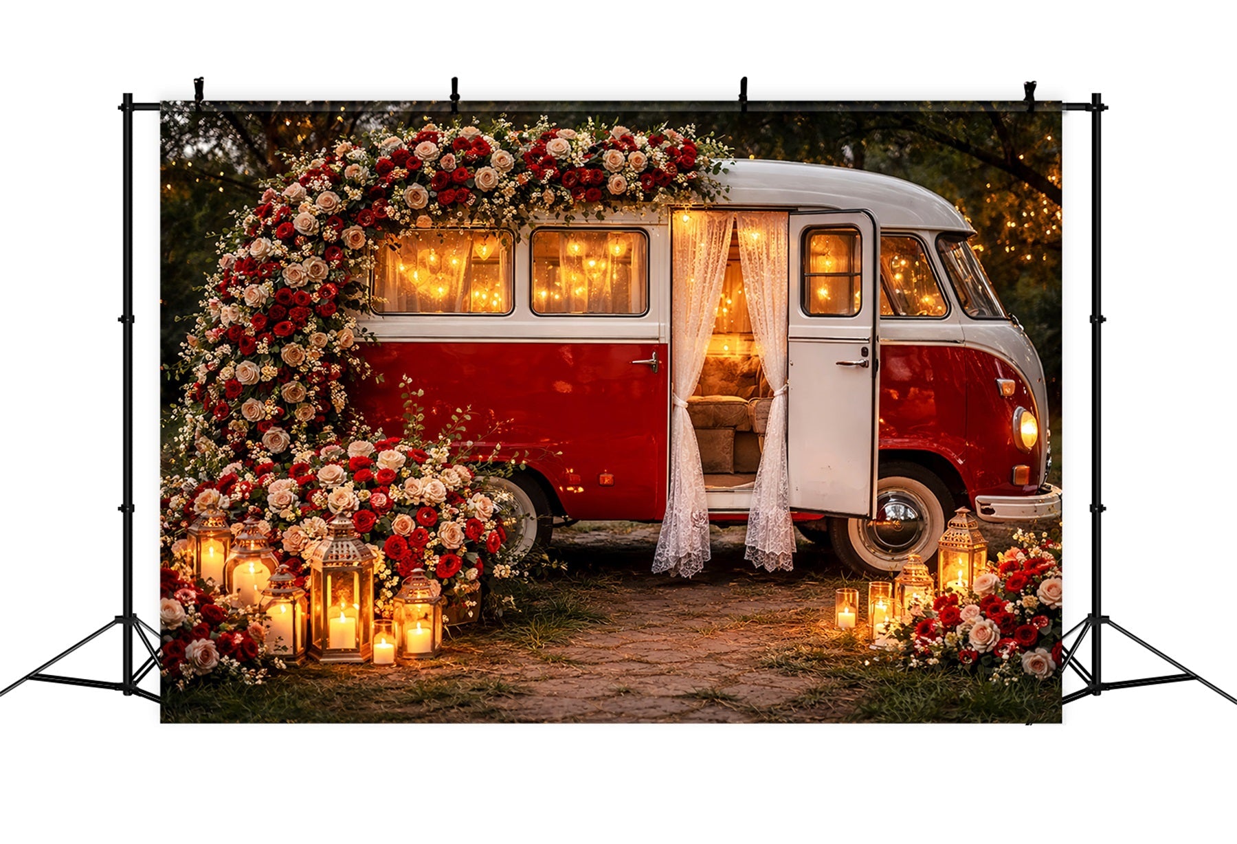 Fond rose rouge Lanterne vintage Camper Romance Paillettes Fond Valentine LXX512-85