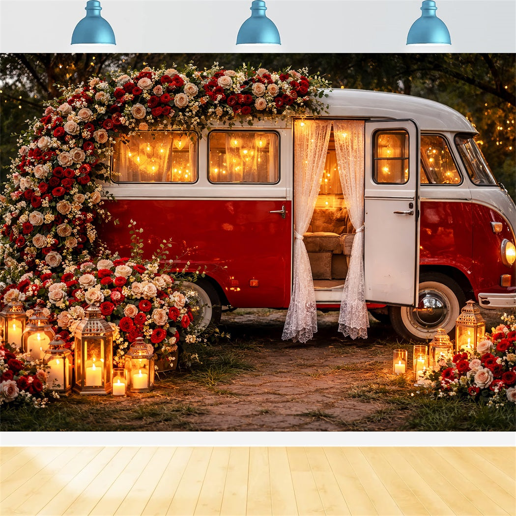 Fond rose rouge Lanterne vintage Camper Romance Paillettes Fond Valentine LXX512-85