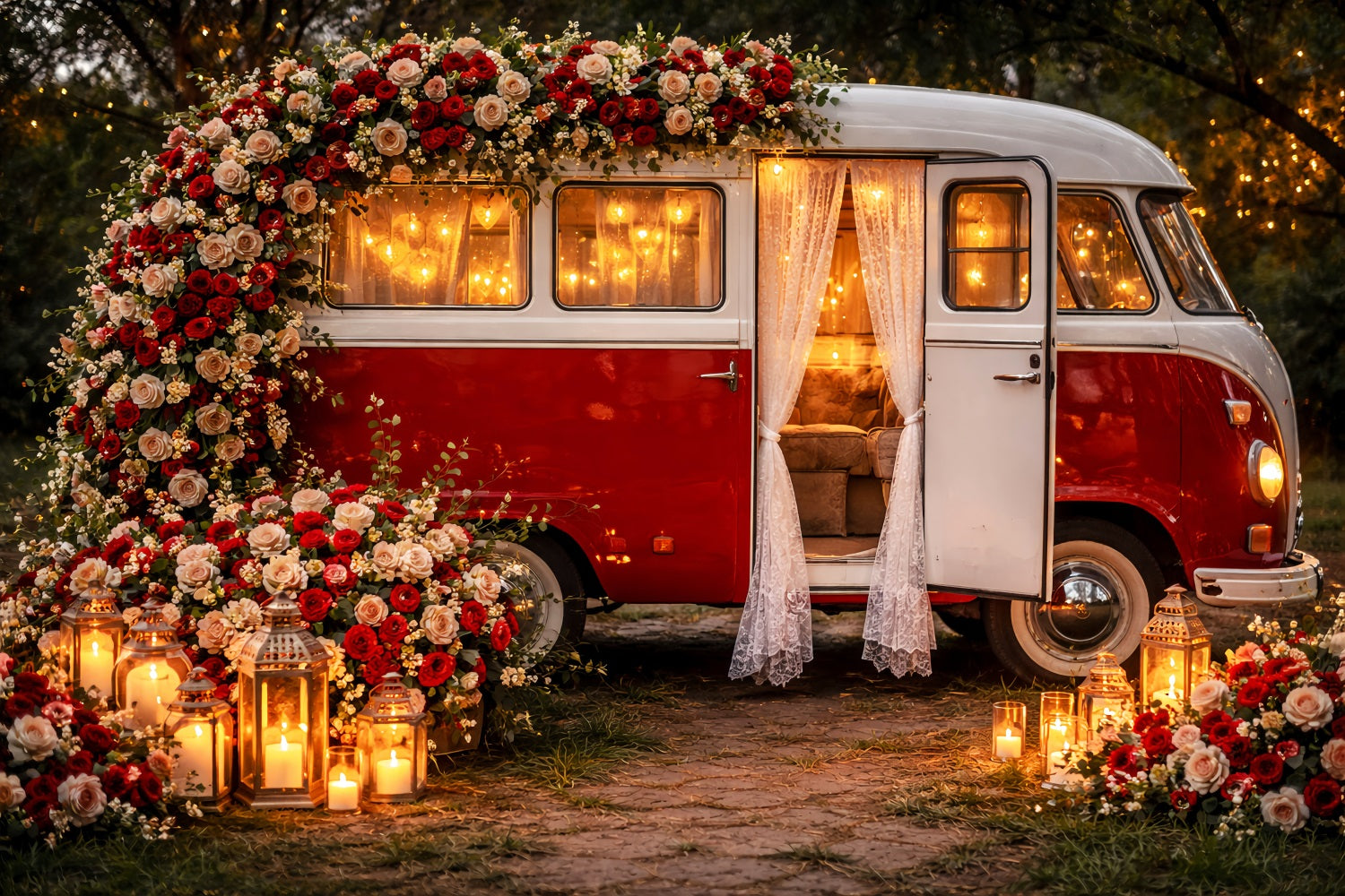 Fond rose rouge Lanterne vintage Camper Romance Paillettes Fond Valentine LXX512-85