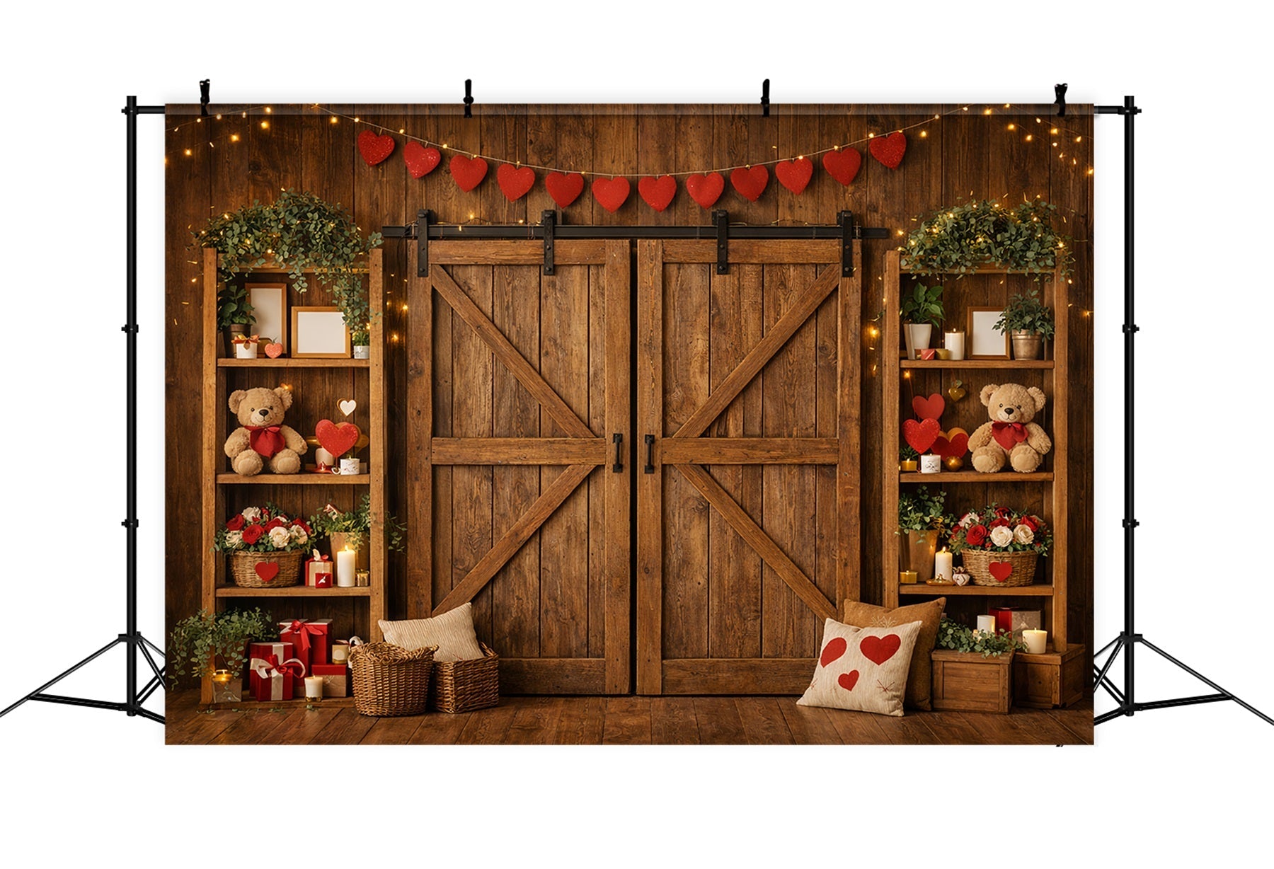 Fond guirlande de cœurs Porte de grange en bois Ours en peluche Fond Saint-Valentin LXX512-89