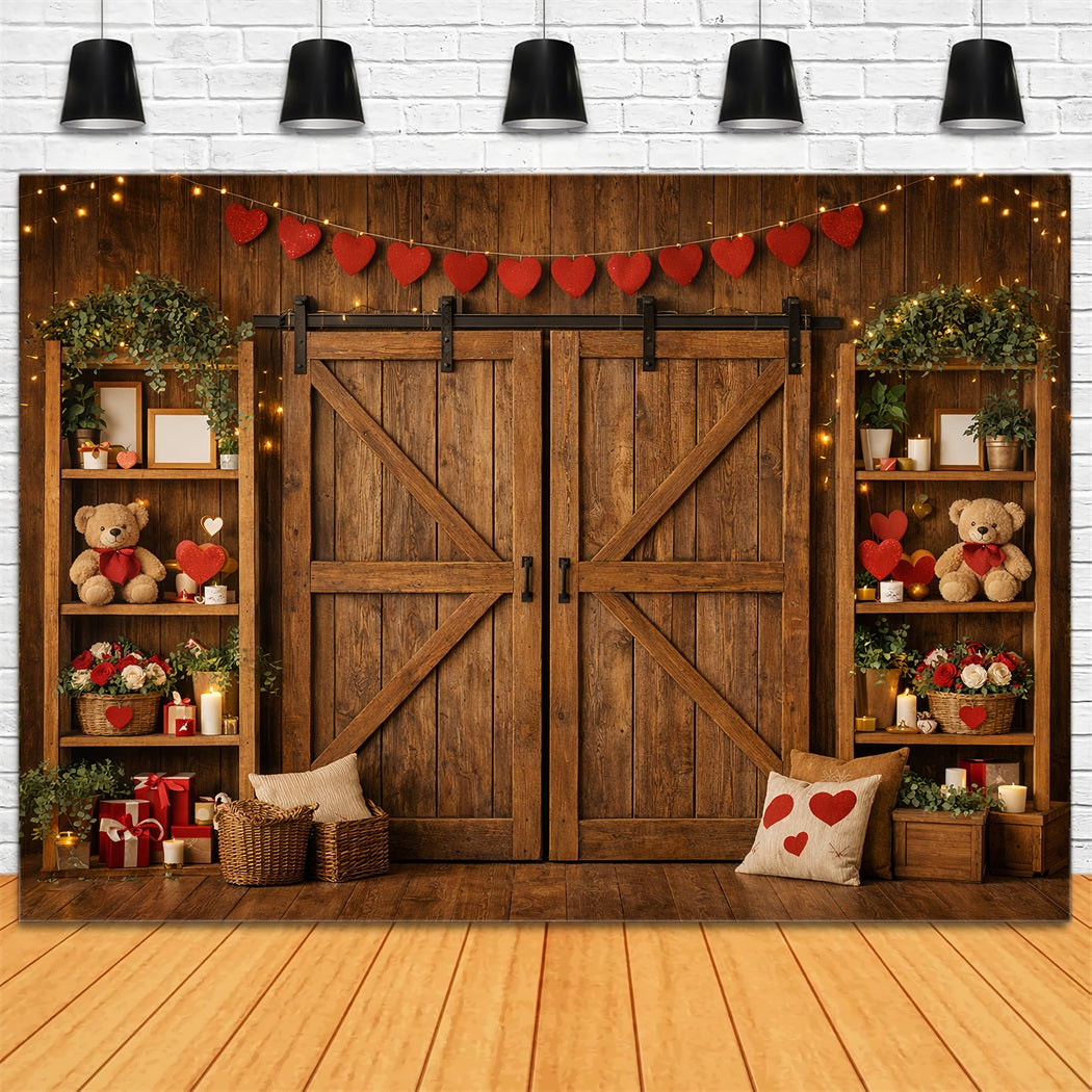 Fond guirlande de cœurs Porte de grange en bois Ours en peluche Fond Saint-Valentin LXX512-89
