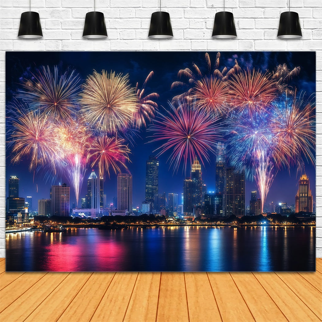 Fond photo pour le Nouvel An Feux d'artifice colorés Paysage urbain Fond nocturne de la ville LXX512-9