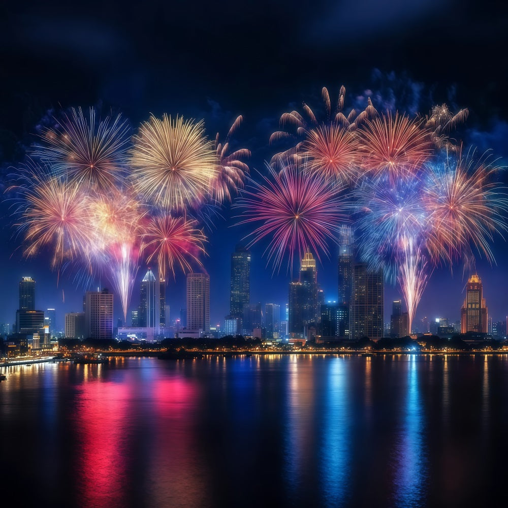 Fond photo pour le Nouvel An Feux d'artifice colorés Paysage urbain Fond nocturne de la ville LXX512-9