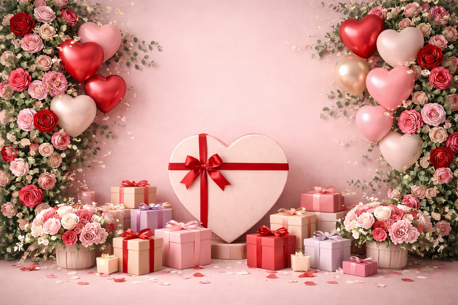 Fond rose Saint-Valentin Ballons en forme de cœur Boîtes-cadeaux Fonds d'amour LXX512-90