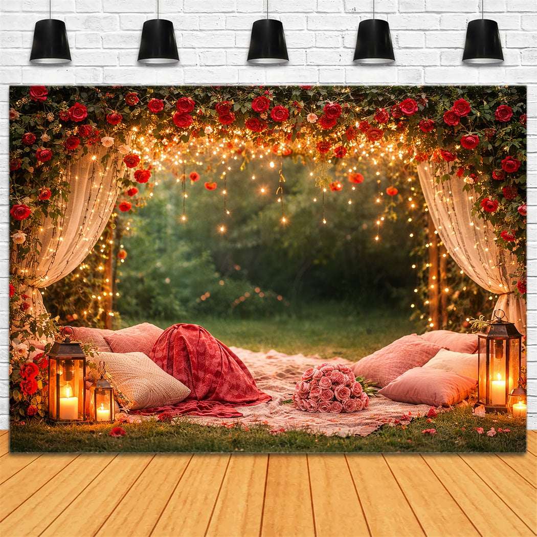 Toile de fond avec roses rouges Toile de fond avec arche florale drapée et scintillante Toile de fond pour la Saint-Valentin LXX512-93