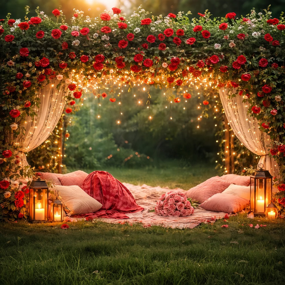 Toile de fond avec roses rouges Toile de fond avec arche florale drapée et scintillante Toile de fond pour la Saint-Valentin LXX512-93