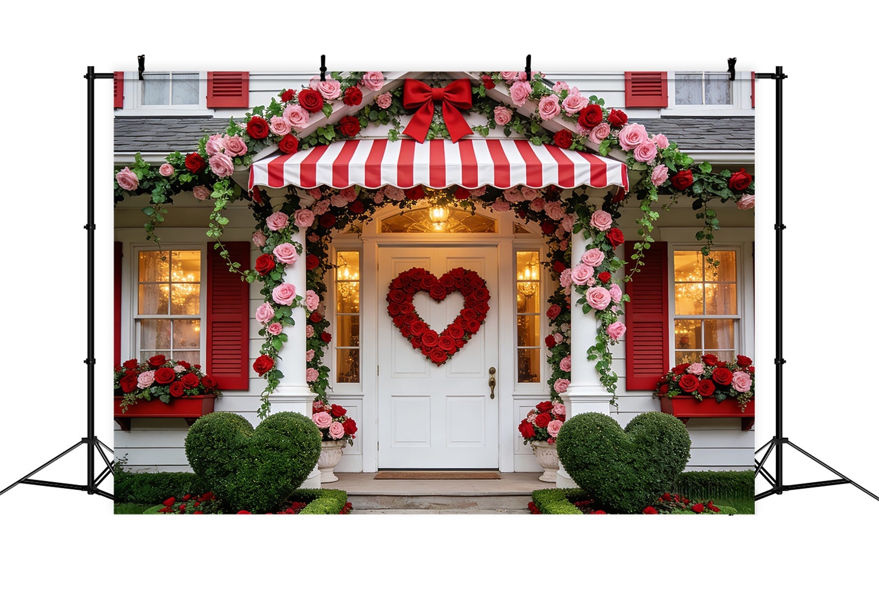 Toile de fond avec arche florale Toile de fond romantique avec cœur en roses pour la Saint-Valentin LXX512-95