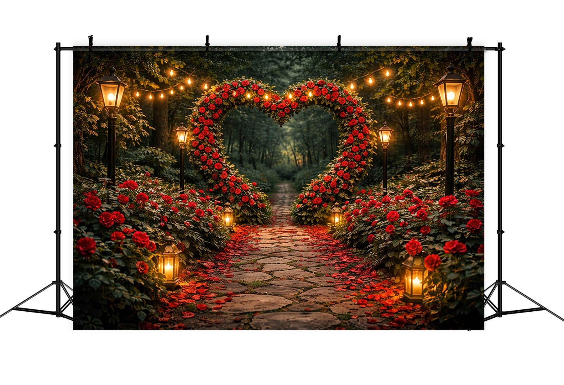 Fond de roses rouges Lanterne de jardin Chemin du cœur Arche florale Fond Saint-Valentin LXX512-97