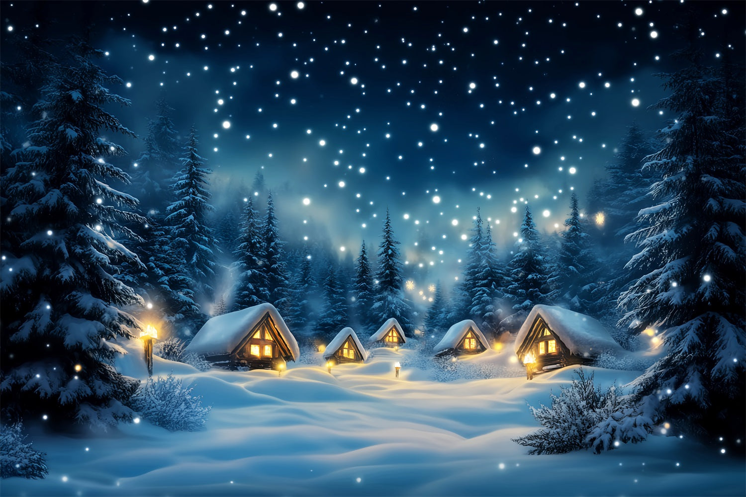 Toile de fond Hiver Cabane Enneigée Forêt Nocturne LXX58-216