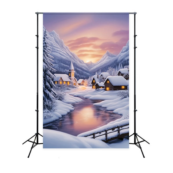 Toile de fond Hiver Village Alpin Neigeux au Coucher du Soleil LXX58-223