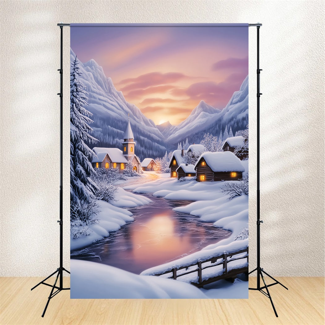 Toile de fond Hiver Village Alpin Neigeux au Coucher du Soleil LXX58-223