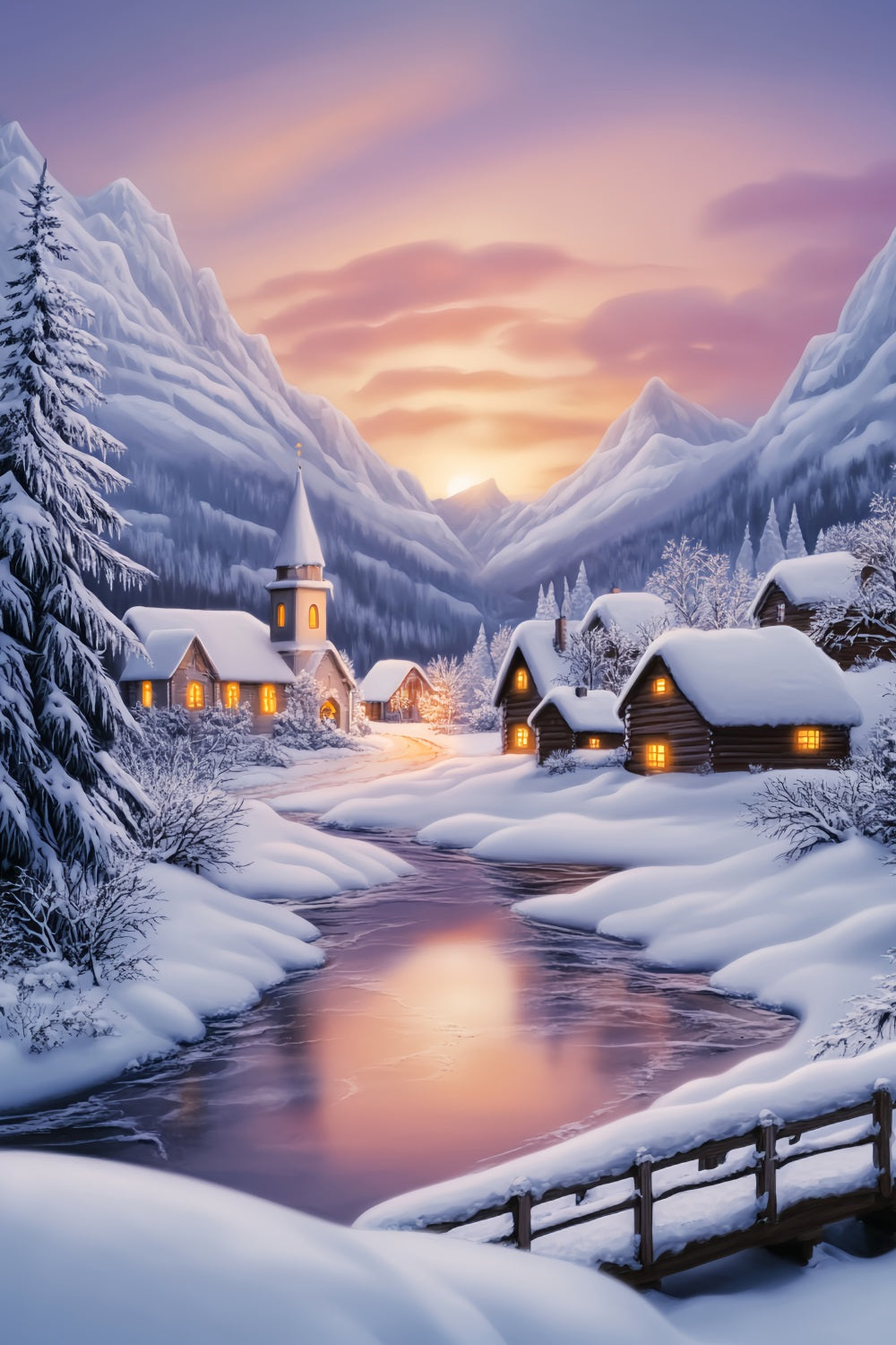 Toile de fond Hiver Village Alpin Neigeux au Coucher du Soleil LXX58-223