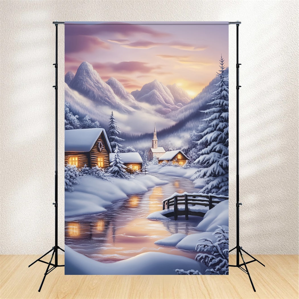 Toile de fond Hiver Village Enneigé et Montagnes au Crépuscule LXX58-224