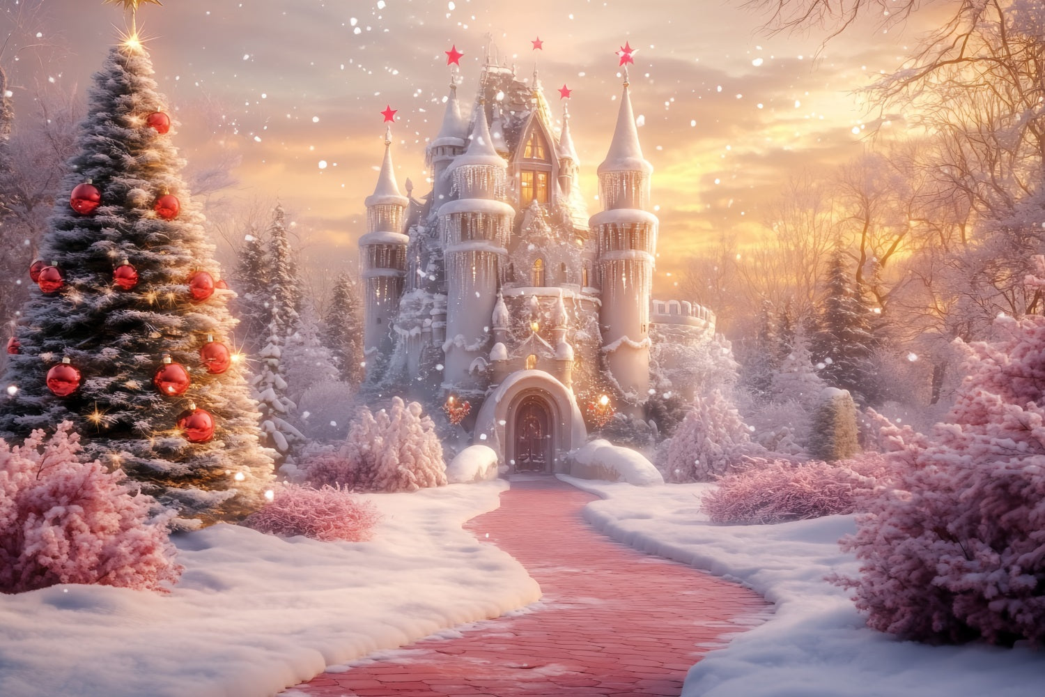 Toile de fond Hiver Château de Noël Sentier Neigeux LXX58-228