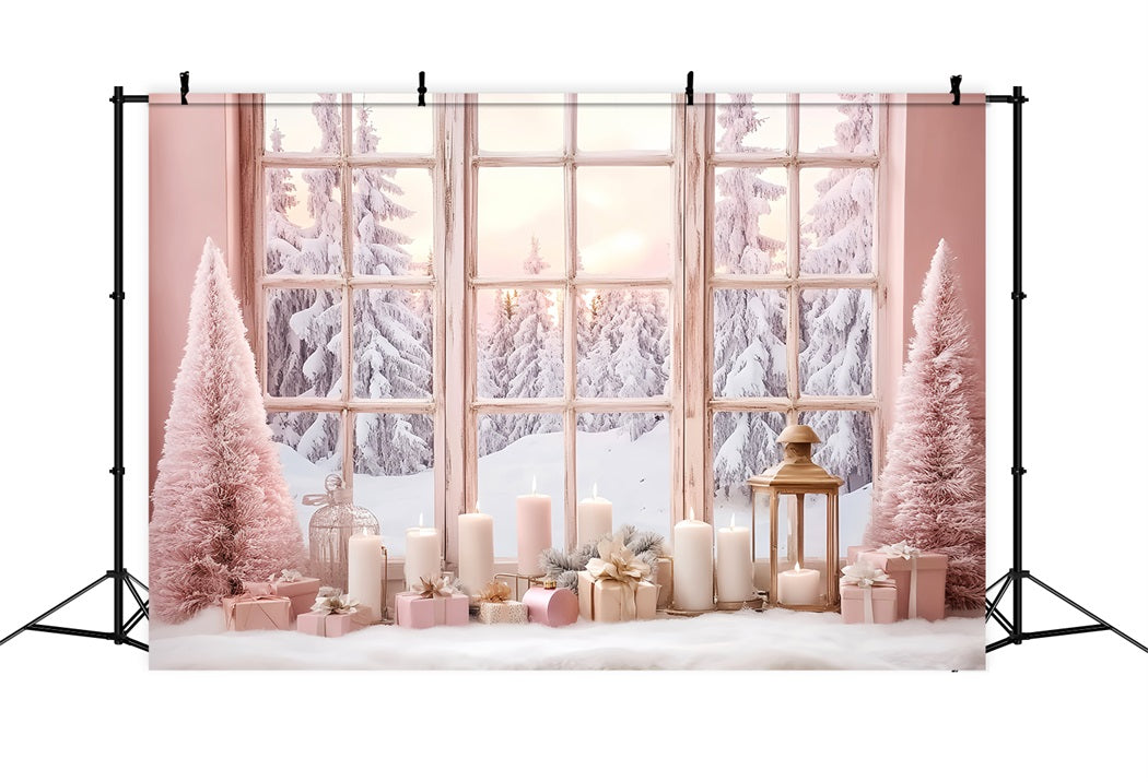 Toile de fond Hiver Fenêtre Givrée à la Lueur Rose des Bougies LXX58-234