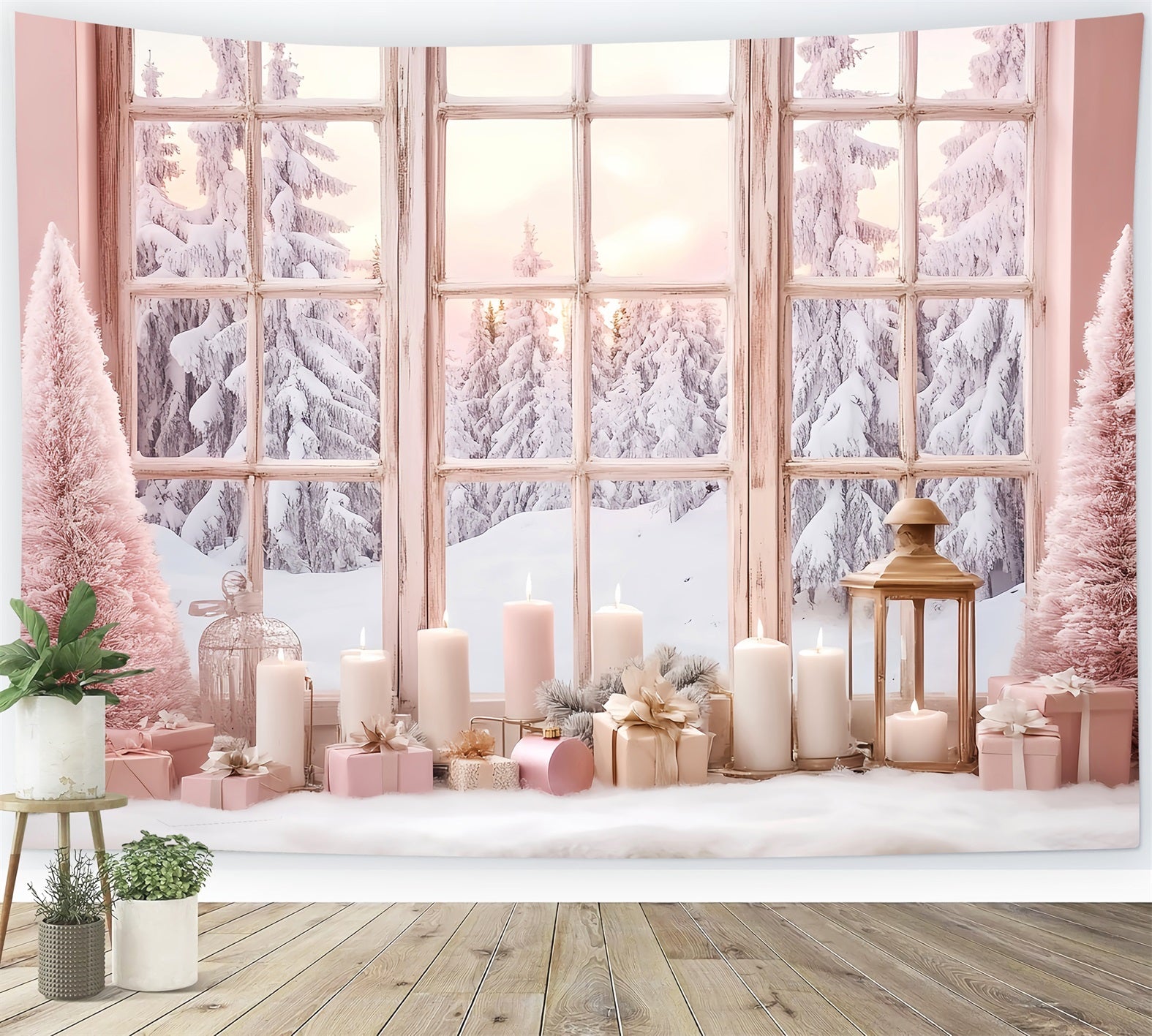 Toile de fond Hiver Fenêtre Givrée à la Lueur Rose des Bougies LXX58-234