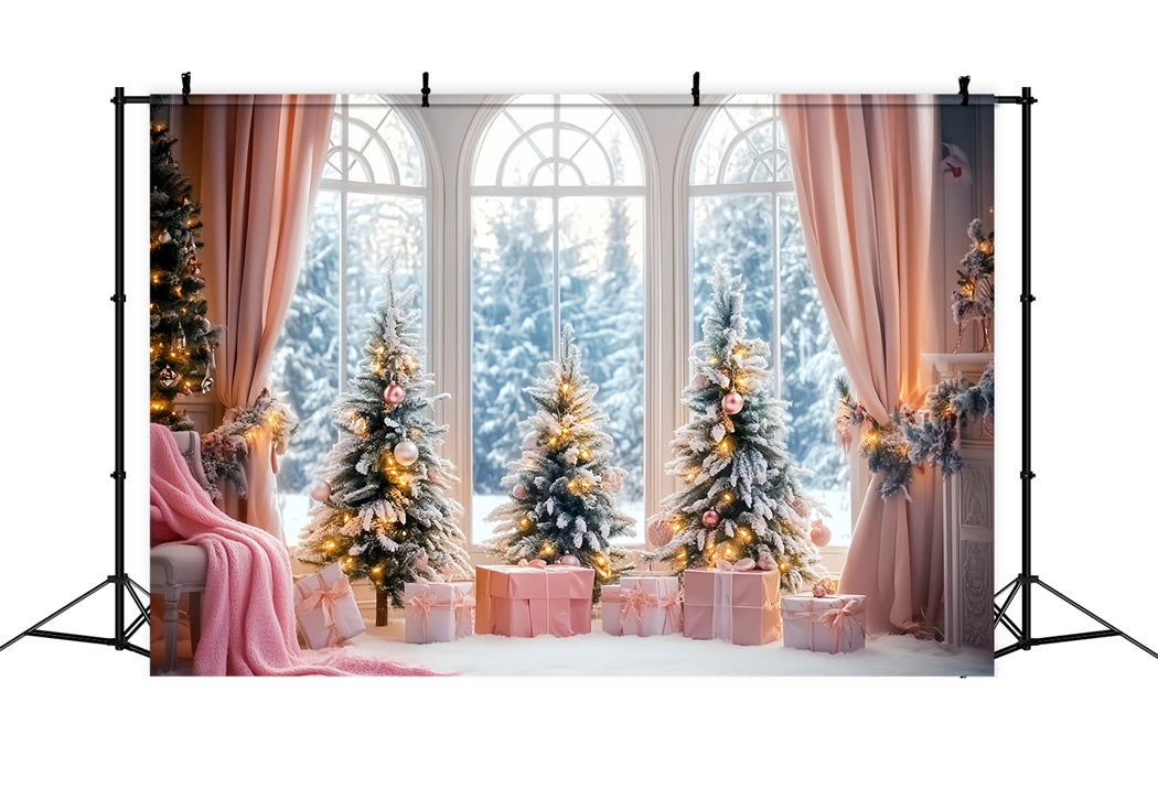 Toile de fond Hiver Cadeau Rose Sapins de Noël Givrés LXX58-236