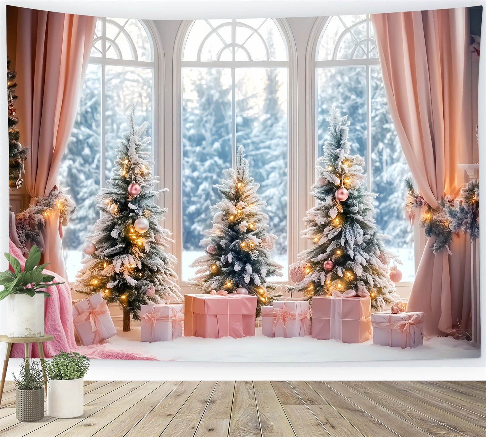 Toile de fond Hiver Cadeau Rose Sapins de Noël Givrés LXX58-236