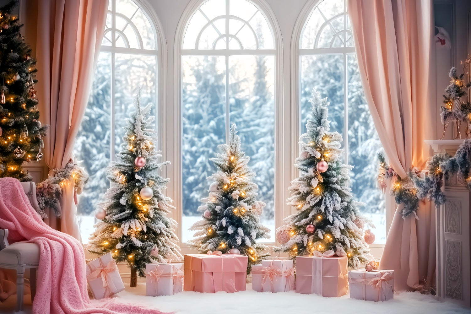Toile de fond Hiver Cadeau Rose Sapins de Noël Givrés LXX58-236
