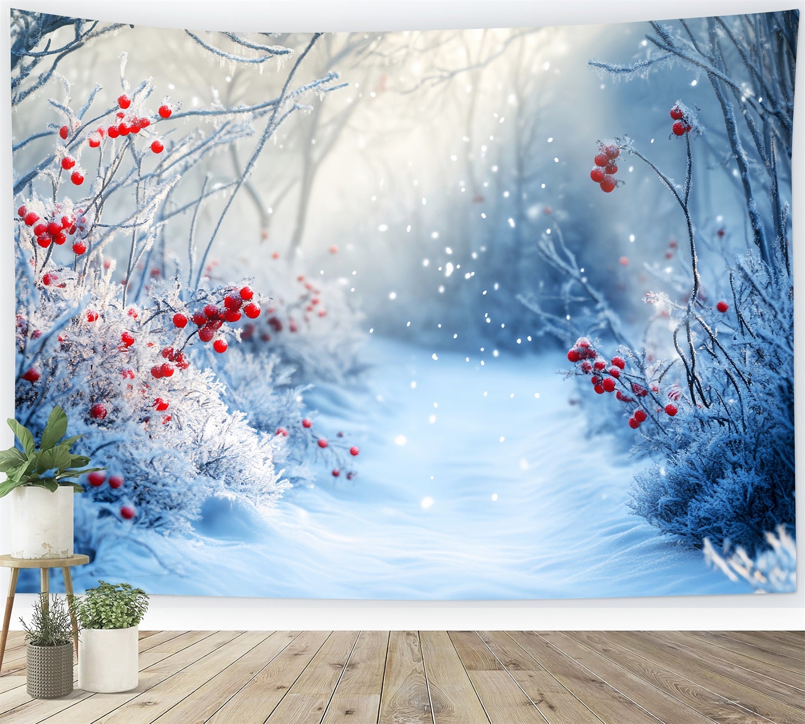 Toile de fond Hiver Sentier Givré et Baies Rouges LXX58-238