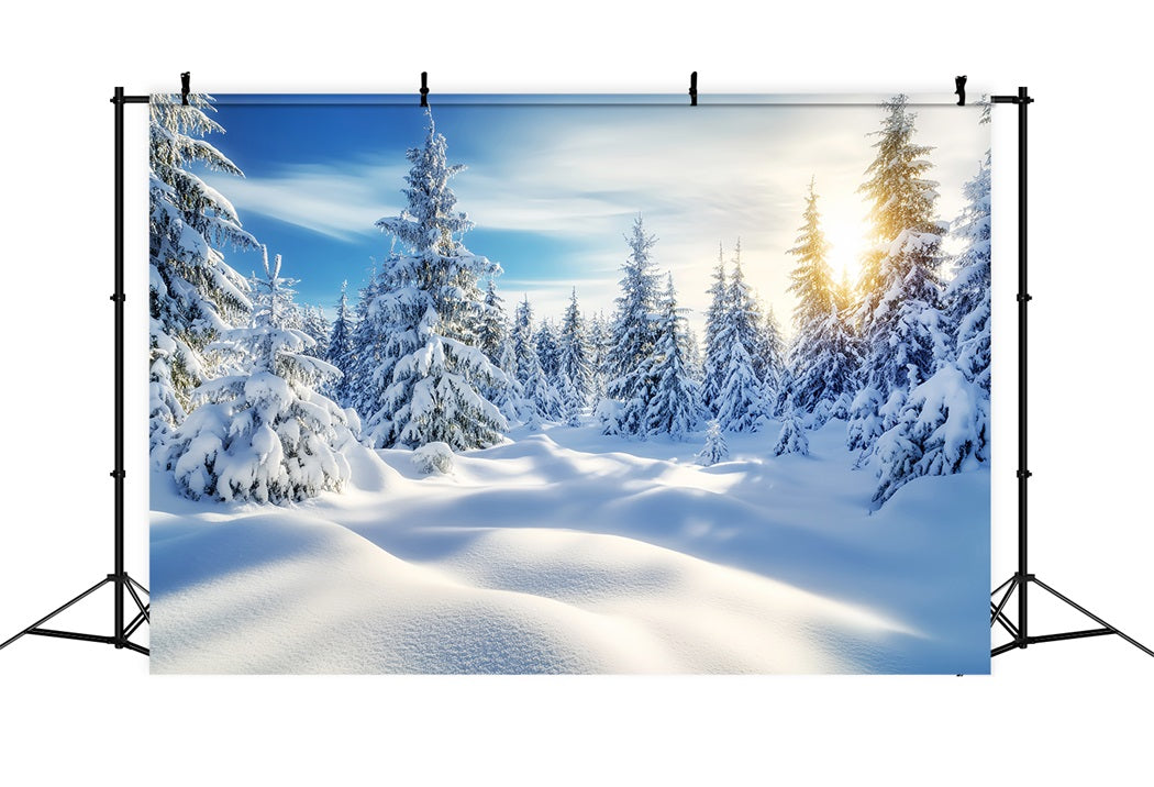Toile de fond Hiver Lever de Soleil Doré Forêt Enneigée LXX58-239