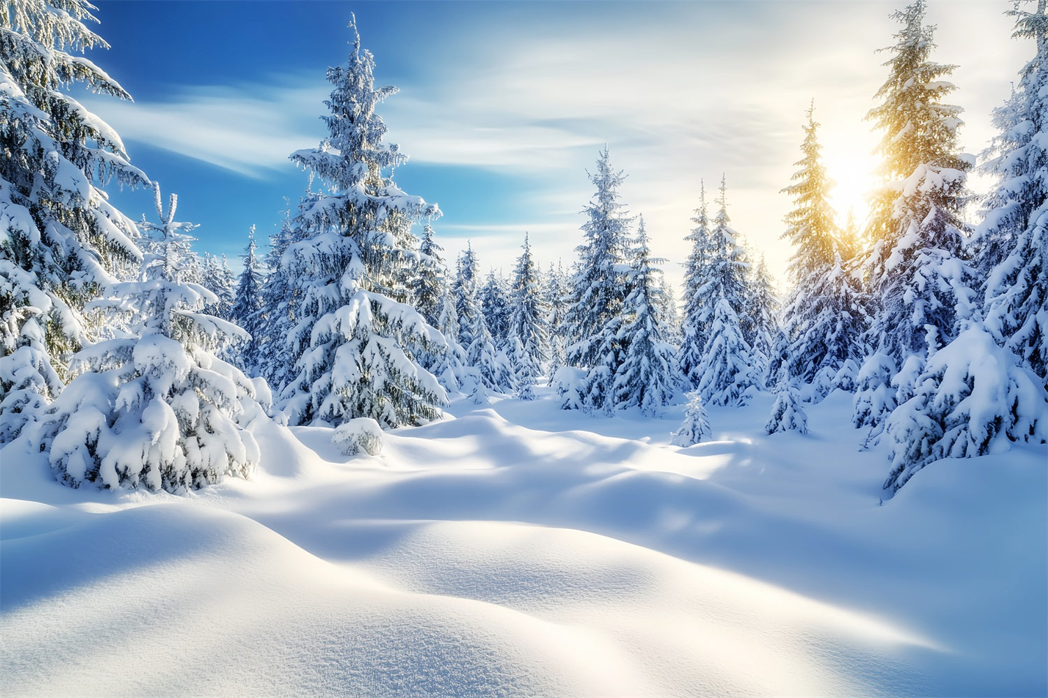 Toile de fond Hiver Lever de Soleil Doré Forêt Enneigée LXX58-239