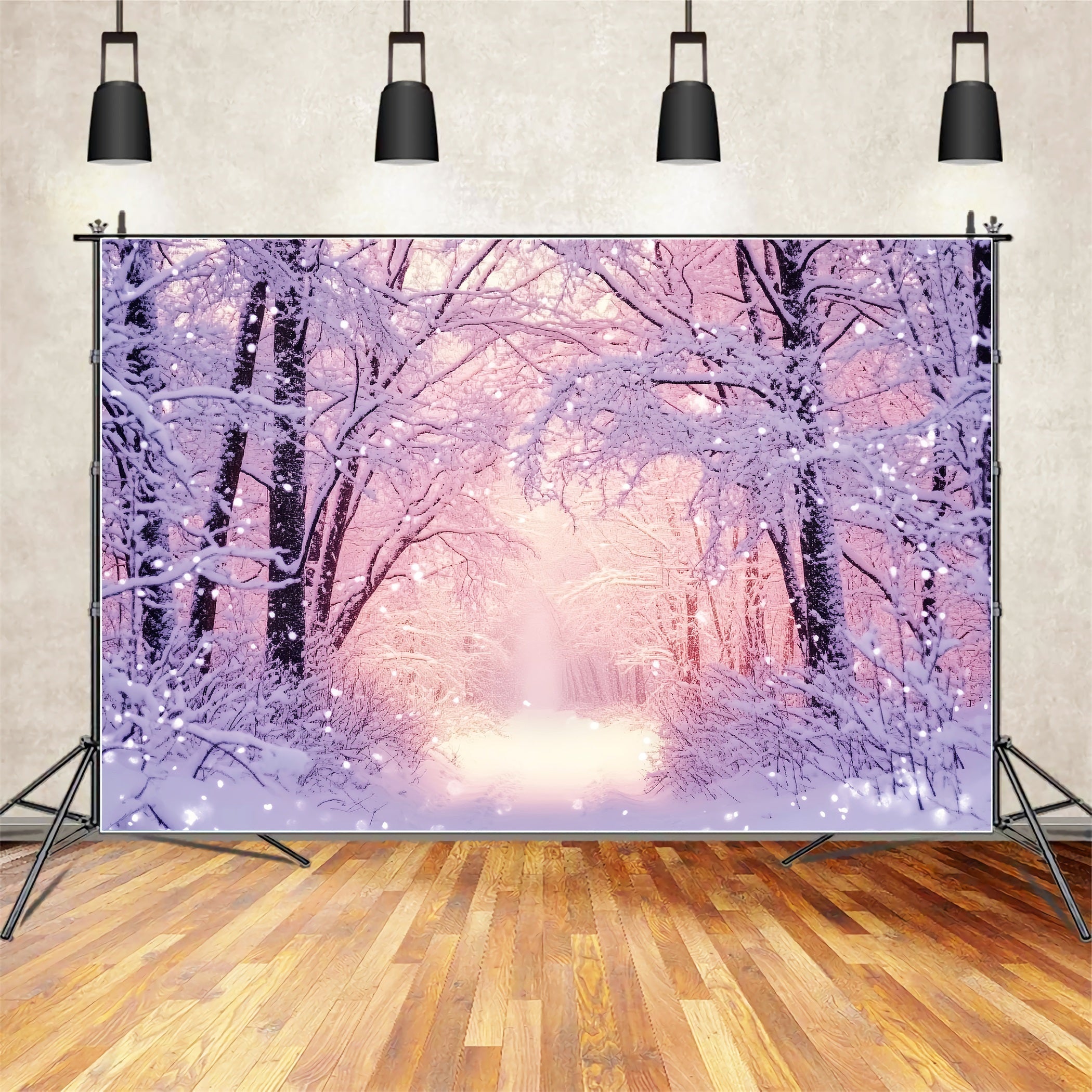 Toile de fond Hiver Forêt Enneigée Éclat Rose LXX58-240