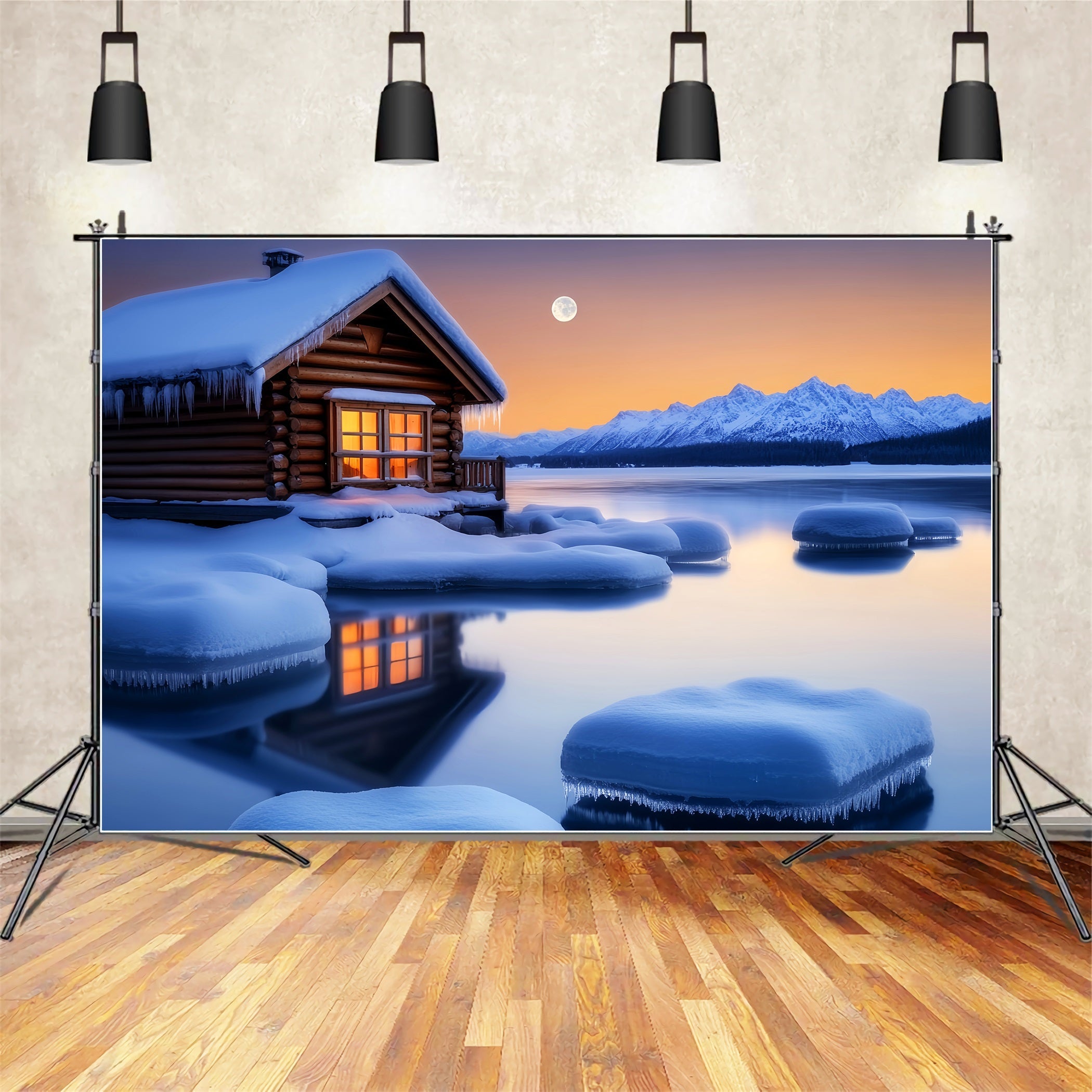 Toile de fond Hiver Cabane Chaleureuse Clair de Lune Hivernal LXX58-243