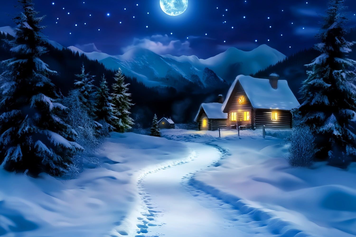 Toile de fond Hiver Chemin de Cabane Enneigé au Clair de Lune LXX58-244