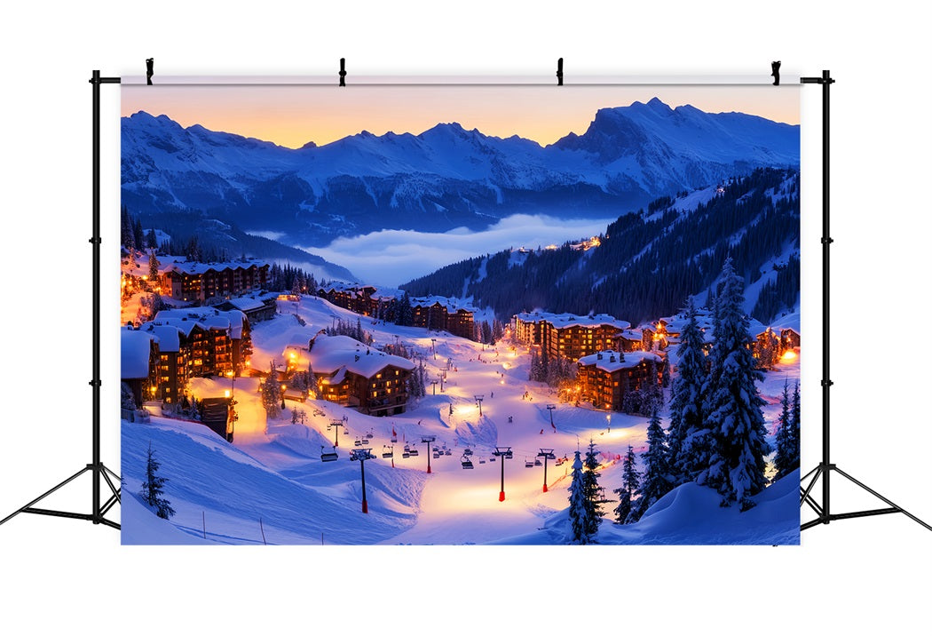 Toile de fond Hiver Village de Ski Alpin Illuminé LXX58-245