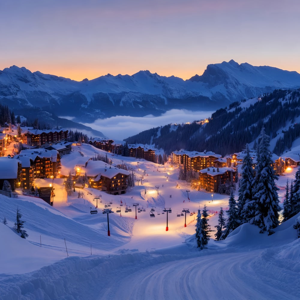 Toile de fond Hiver Village de Ski Alpin Illuminé LXX58-245