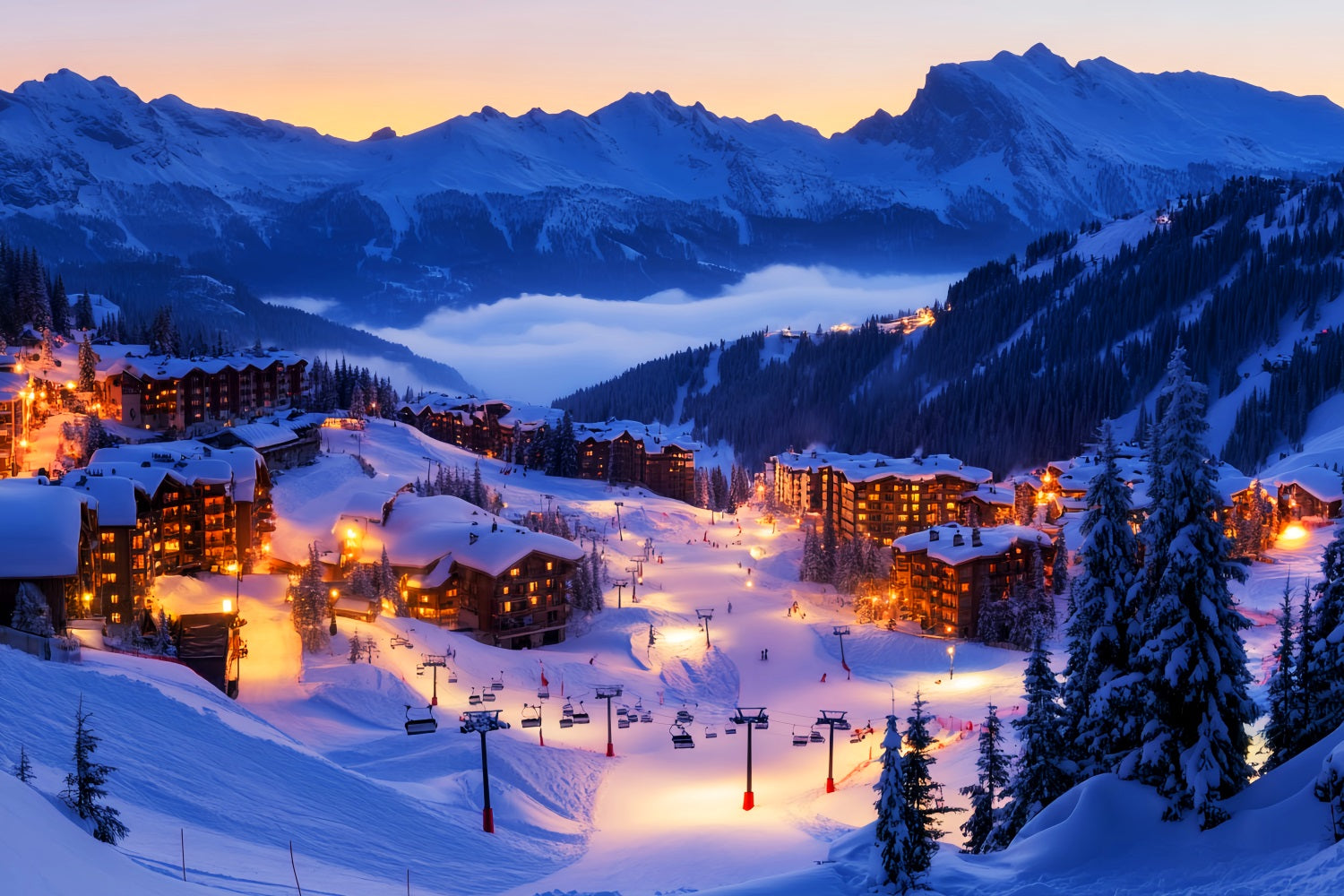 Toile de fond Hiver Village de Ski Alpin Illuminé LXX58-245