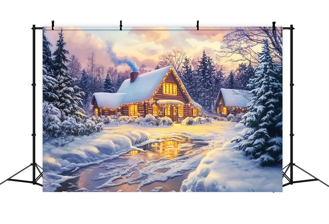 Toile de fond Photo Hiver Cabane en Rondins Lueur Dorée LXX58-246