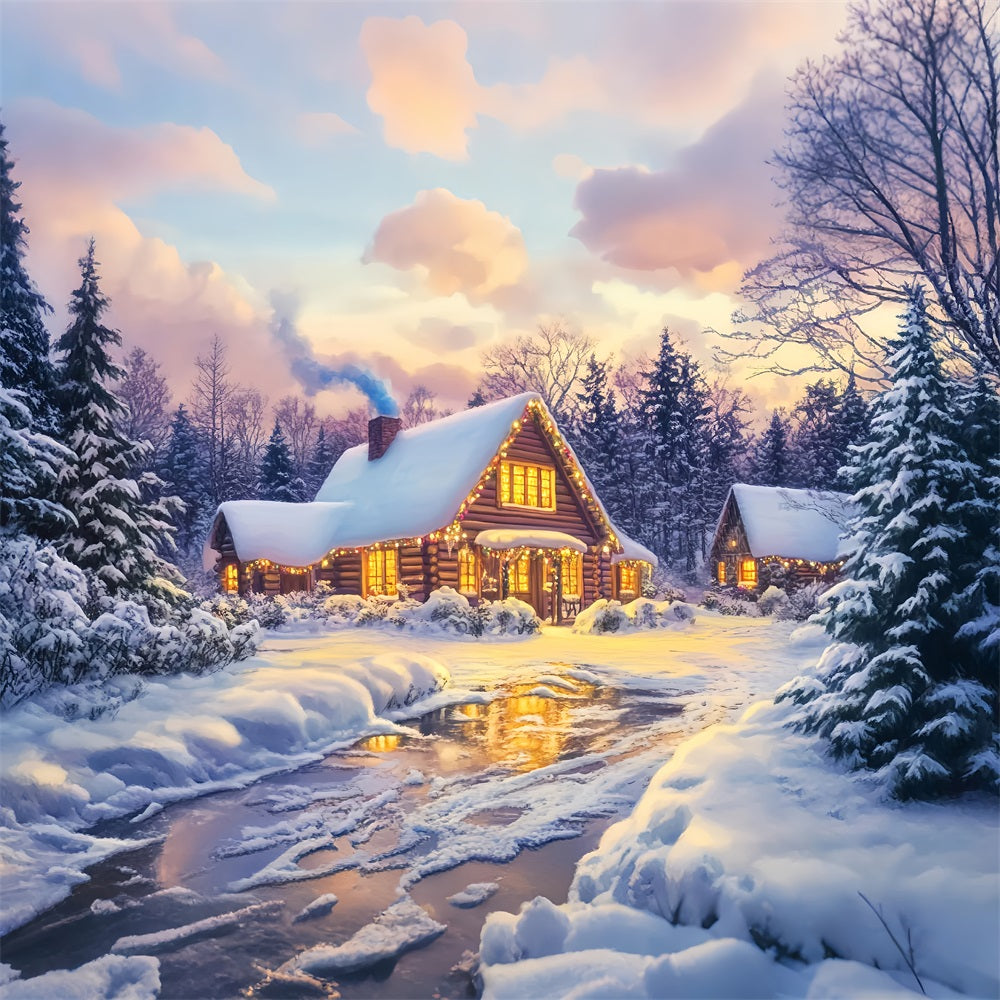 Toile de fond Photo Hiver Cabane en Rondins Lueur Dorée LXX58-246