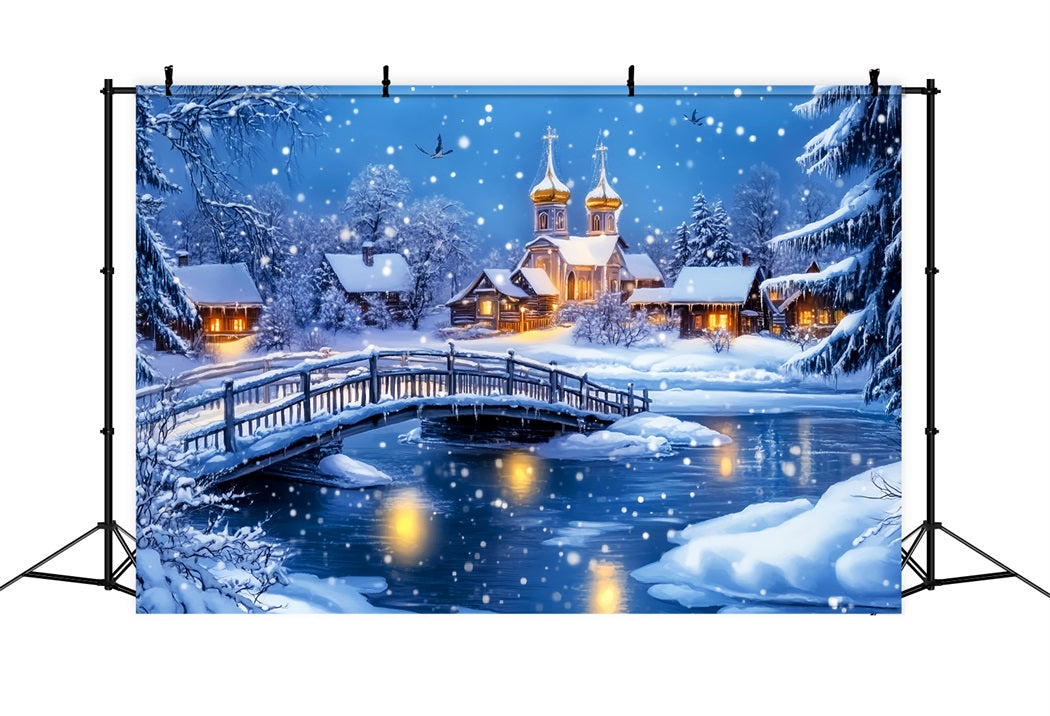 Toile de fond Hiver Pont Enneigé Église du Village LXX58-247