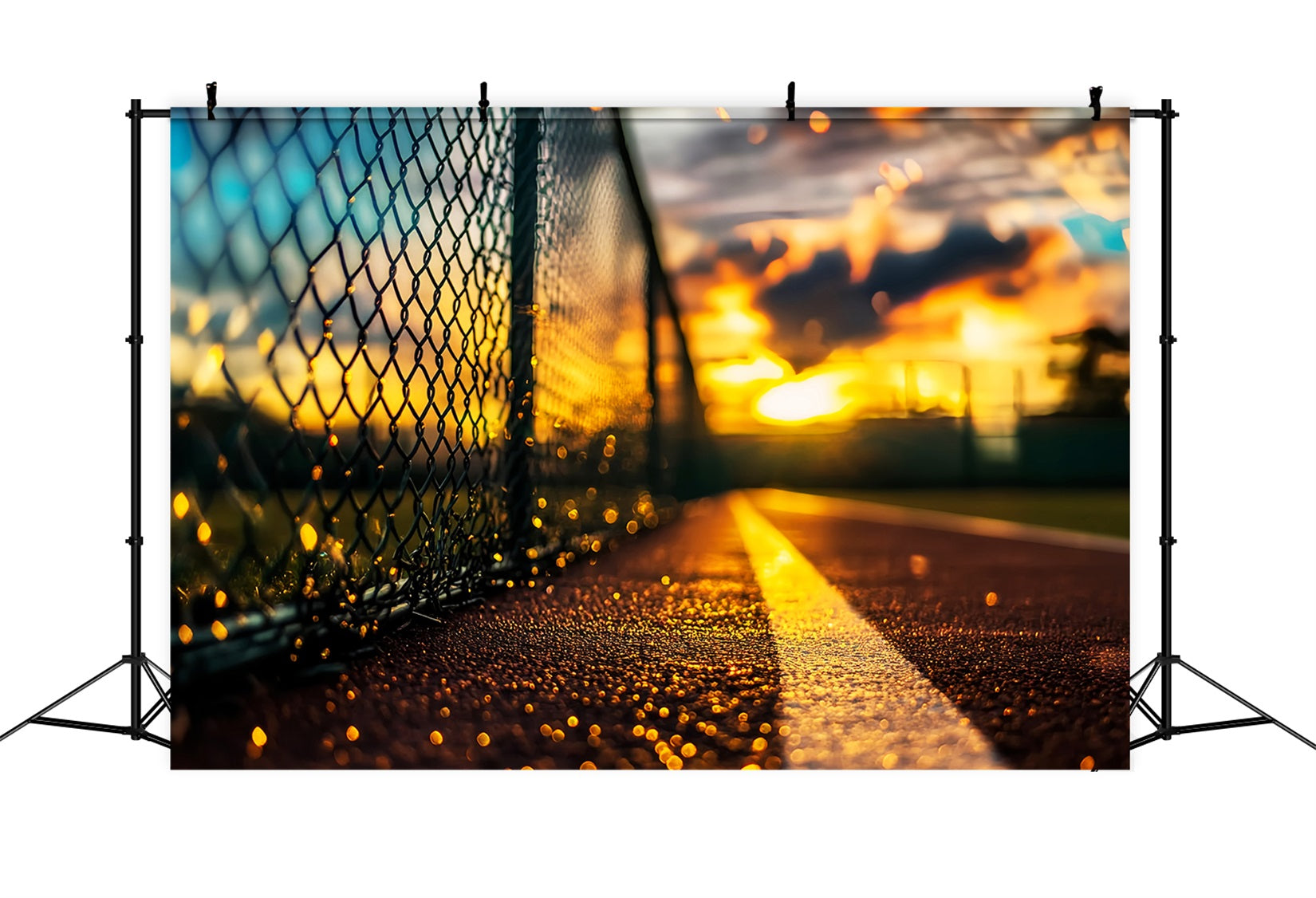 Fond sportif avec clôture en chaîne au coucher du soleil Fonds sportifs pour la photographie LXX59-320