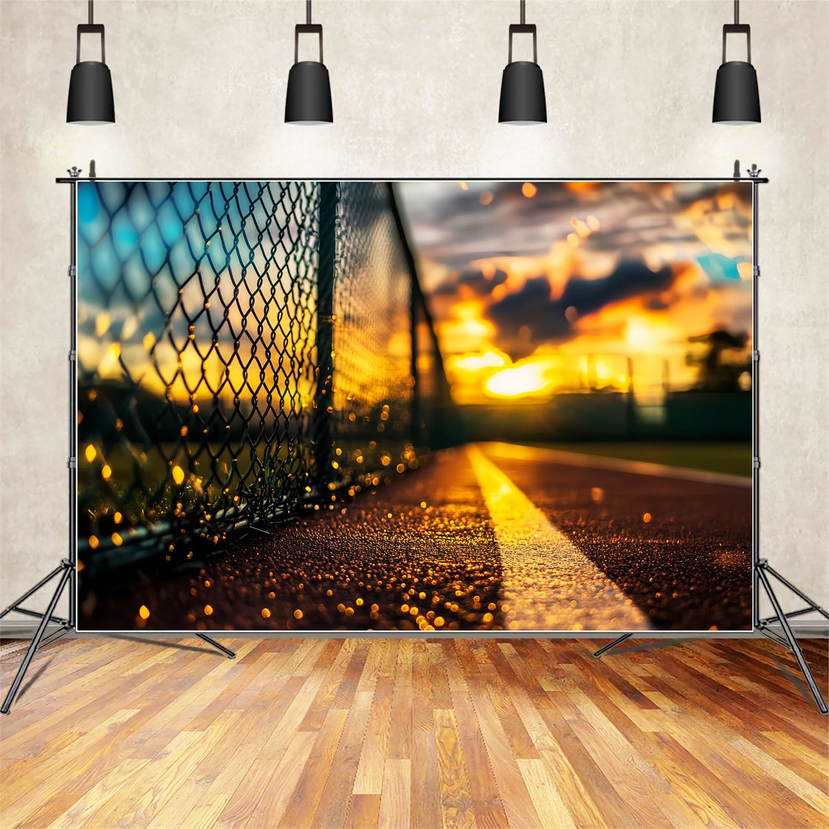 Fond sportif avec clôture en chaîne au coucher du soleil Fonds sportifs pour la photographie LXX59-320