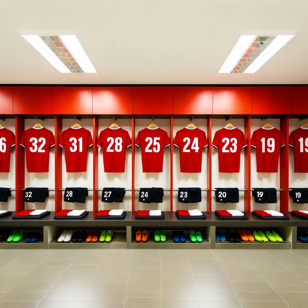 Fonds football vestiaire avec rangée de maillots rouges LXX59-325