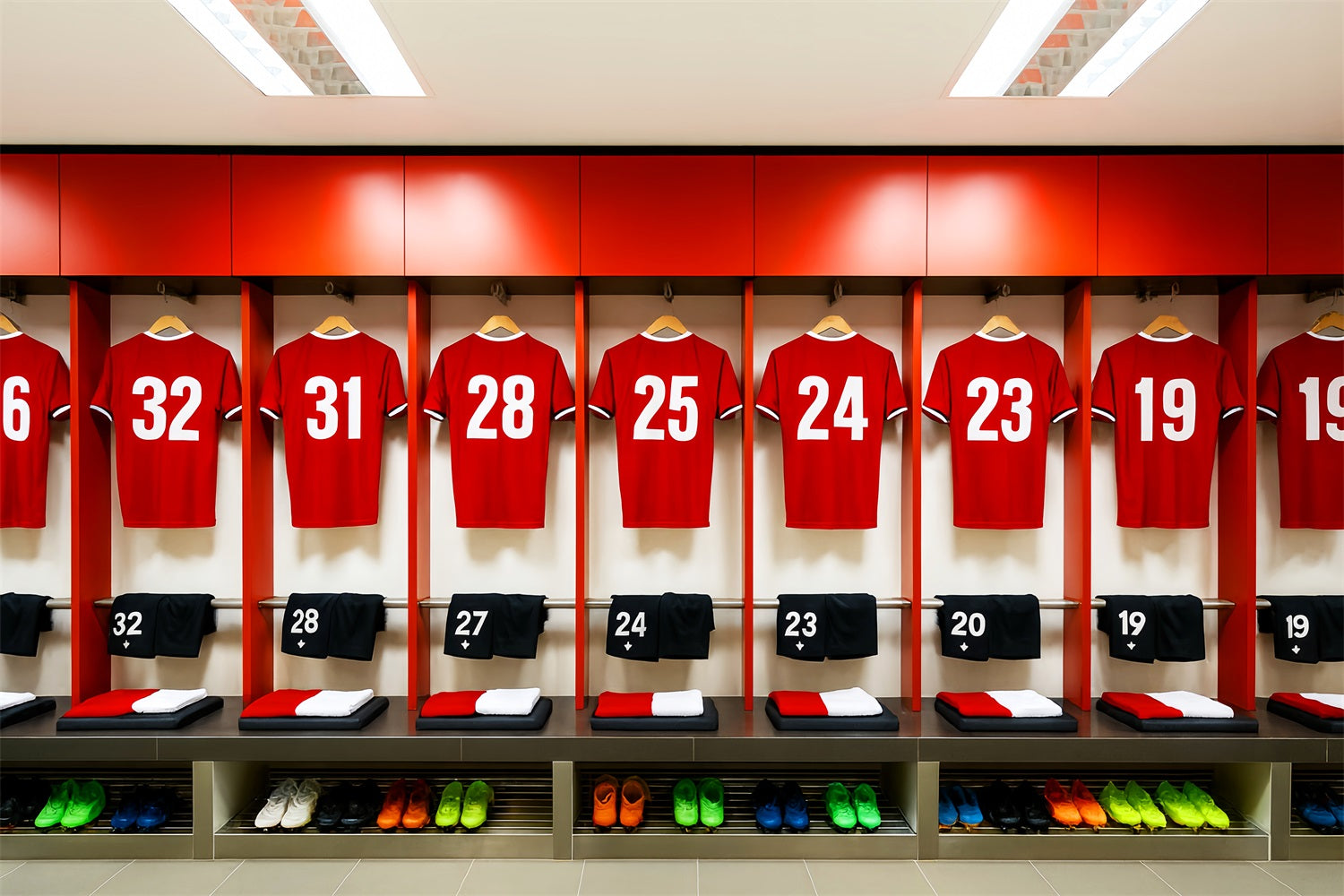 Fonds football vestiaire avec rangée de maillots rouges LXX59-325