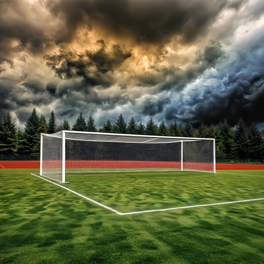 Toiles de fond pour le football Toile de fond pour terrain de football avec but et ciel orageux LXX59-332