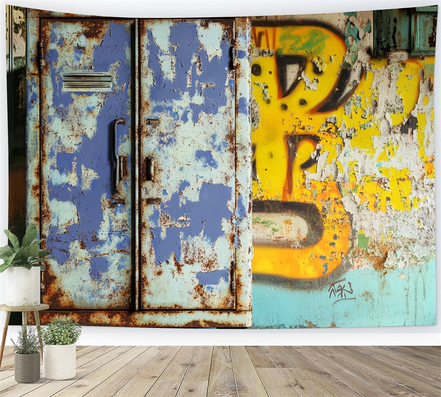 Toile de fond sportive Casier bleu rouillé Graffiti Toiles de fond sportives pour la photographie LXX59-346