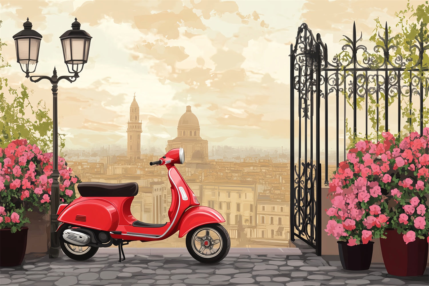 Toile de fond Paris Scooter Rouge Vintage Terrasse Citadine LXX59-43