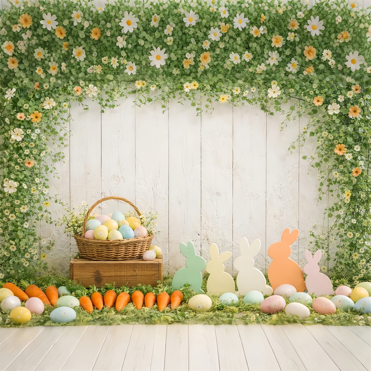 Toile de fond de Pâques Panier Œufs Bouquet Carottes LXX61-115