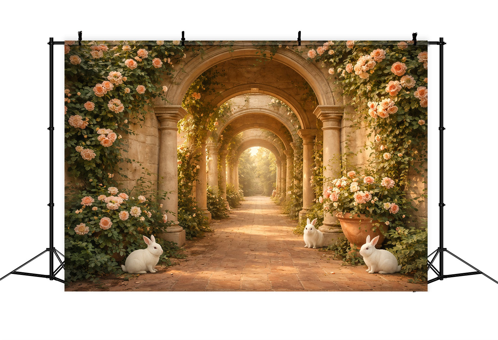 Fond Photo Pâques Arche Roses Lapin Chemin Pierre LXX61-117