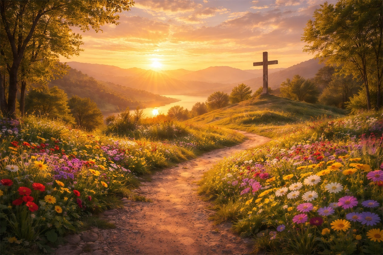 Fond de Pâques Il Est Ressuscité Croix Coucher De Soleil LXX61-124