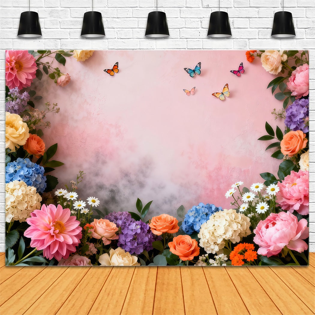 Fond Studio Photo Printemps Cadre Papillons Fleurs Pastel LXX61-151