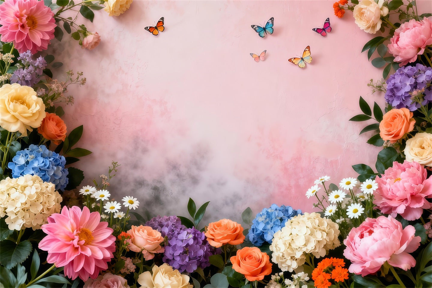 Fond Studio Photo Printemps Cadre Papillons Fleurs Pastel LXX61-151