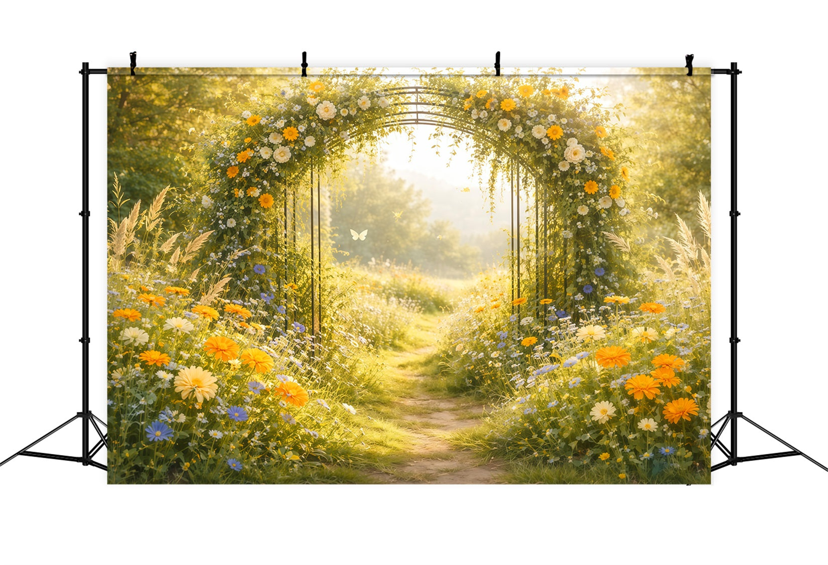 Fond Studio Photo Printemps Arche Jardin Fleurs Sauvages Baignée De Soleil LXX61-167