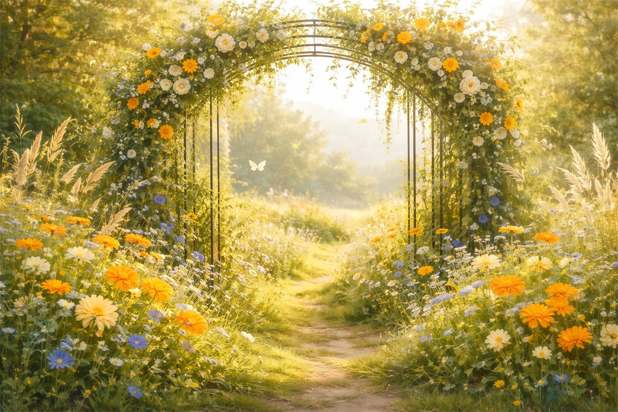 Fond Studio Photo Printemps Arche Jardin Fleurs Sauvages Baignée De Soleil LXX61-167