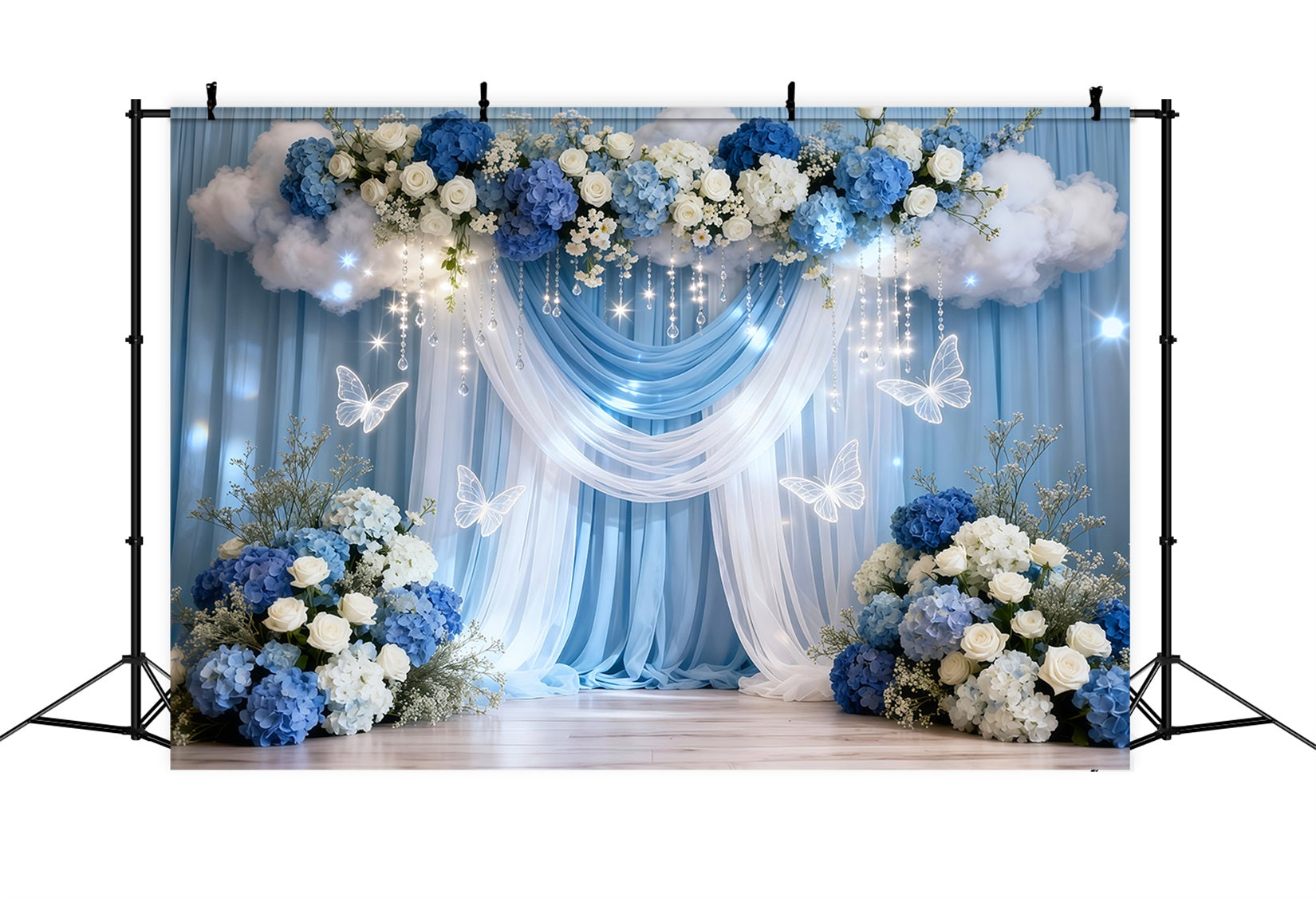 Fond Photo Printemps Rideau Bleu Blanc Nuages Fleurs LXX61-169